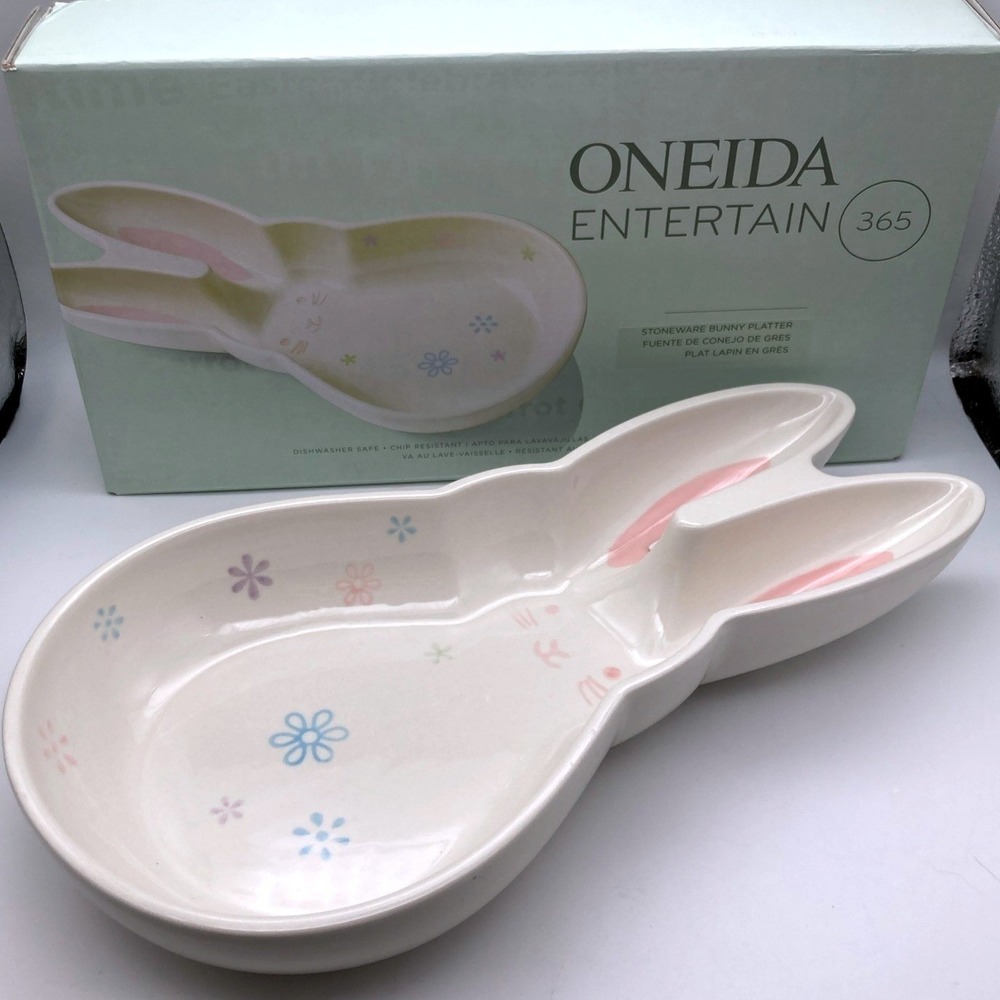 NIB Oneida Entertain 365 Bunny Hop Stoneware Platter Easter Rabbit Serving Dish